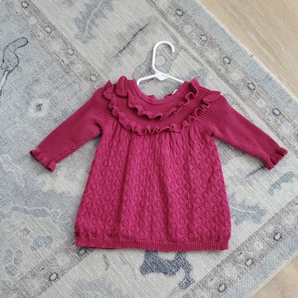 Janie And Jack Baby Girls Ruffle Pointelle Sweater Dress Dusty Fushcia Sz3-6m
